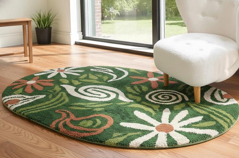 Green Botanical Round Rug – Hand Tufted Mid Century Wool Rug