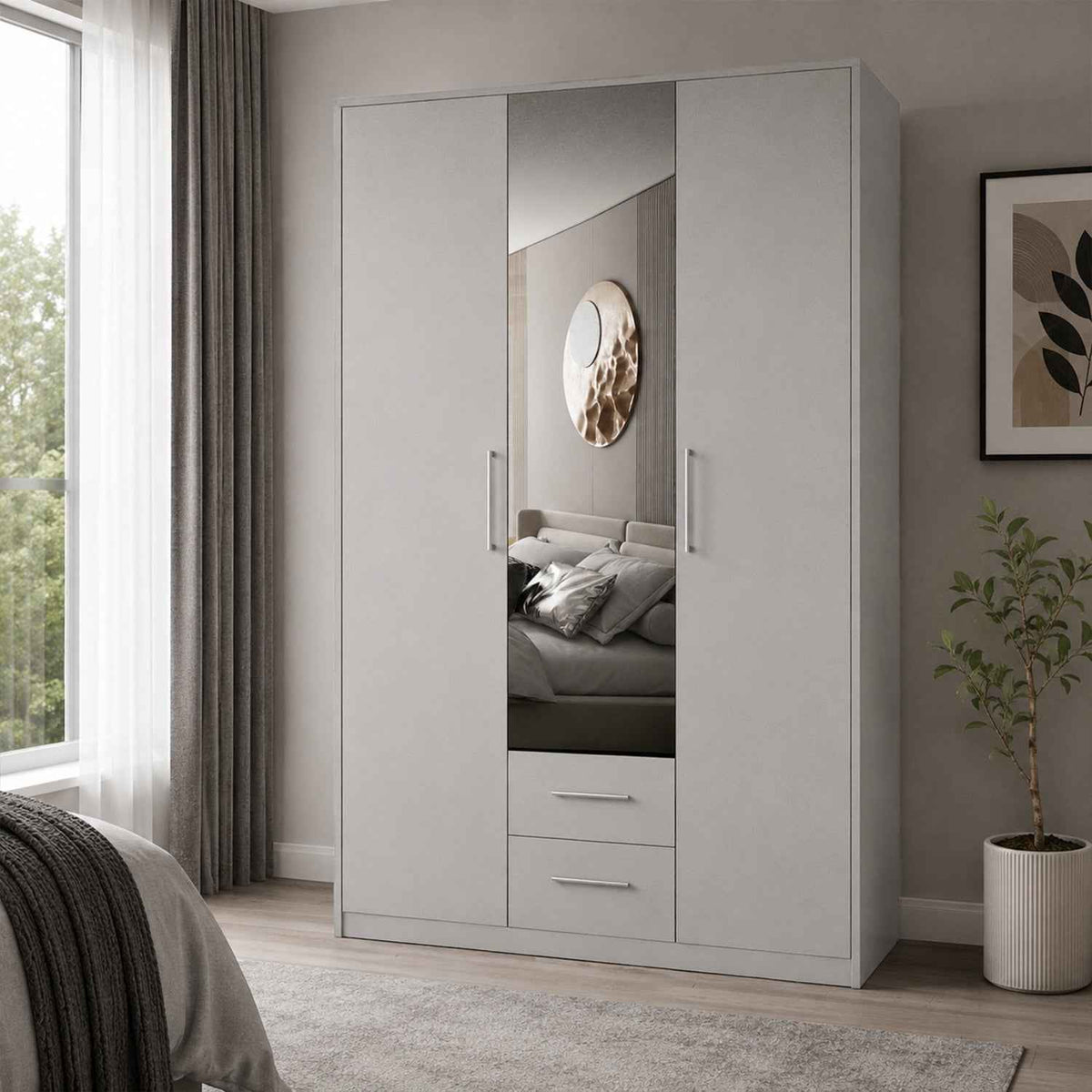 Windsor White 3 Door Wardrobe 120cm with Mirror and 2 Drawers