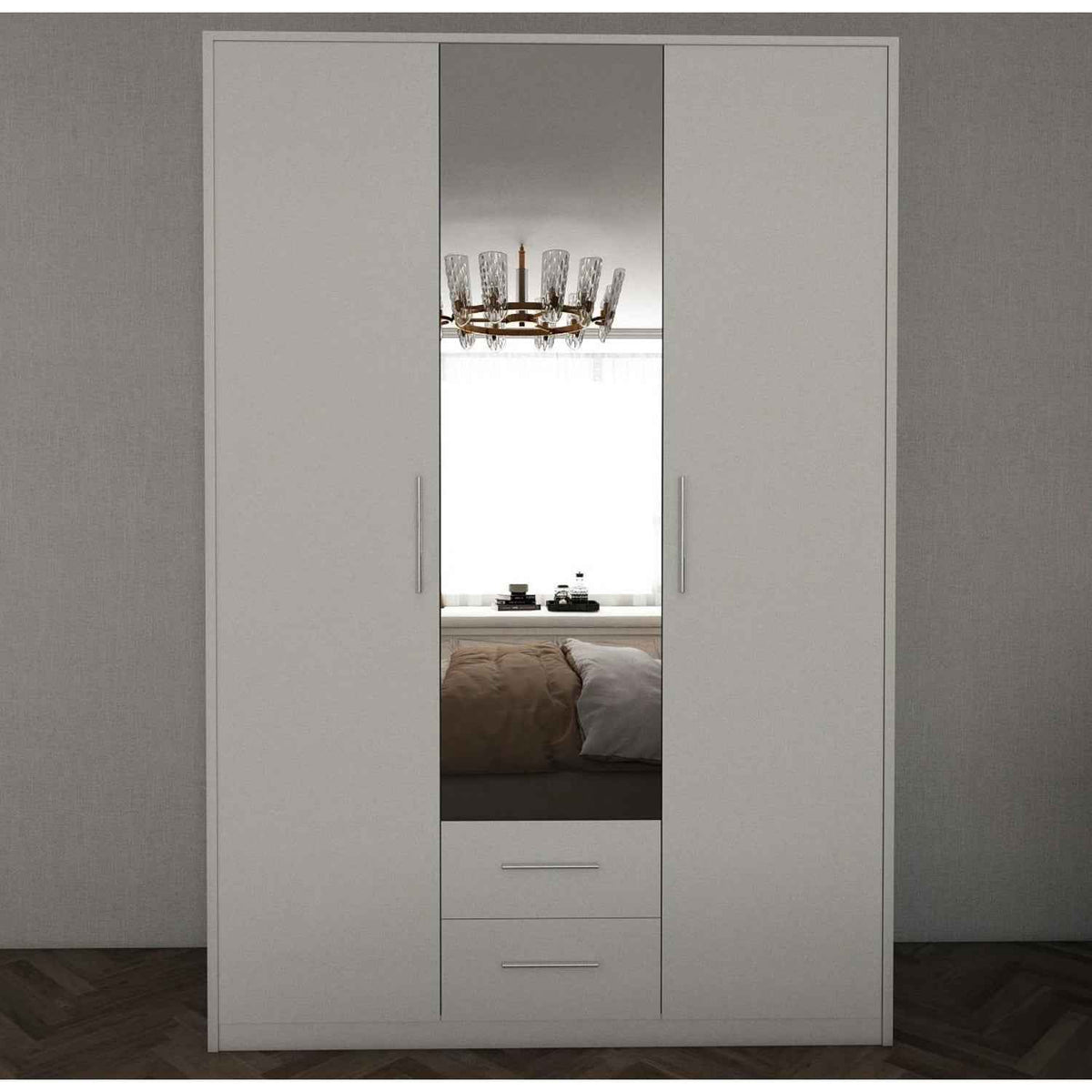 Windsor White 3 Door Wardrobe 135cm with Mirror and 2 Drawers