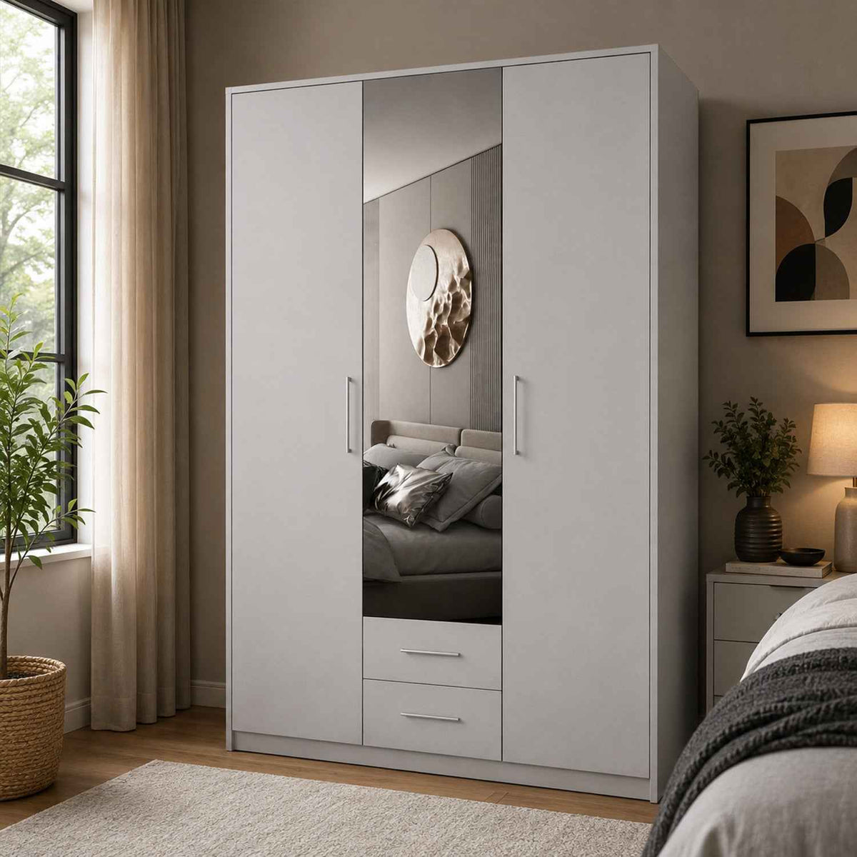 Windsor White 3 Door Wardrobe 135cm with Mirror and 2 Drawers