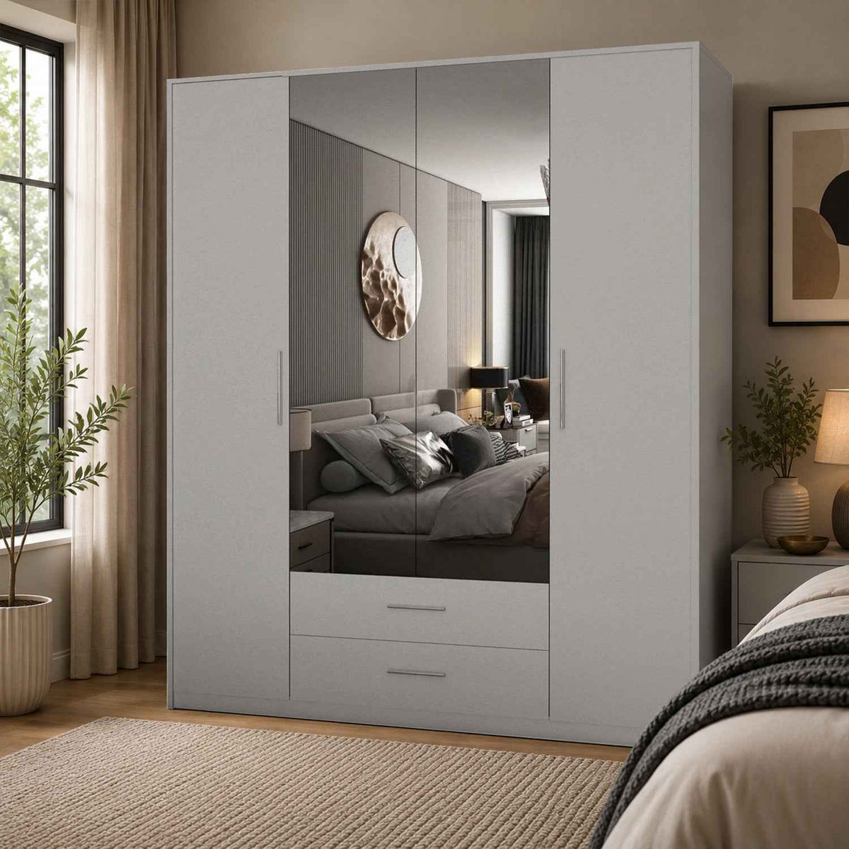 Windsor White 4 Door Wardrobe 180cm with Mirrors and 2 Drawers