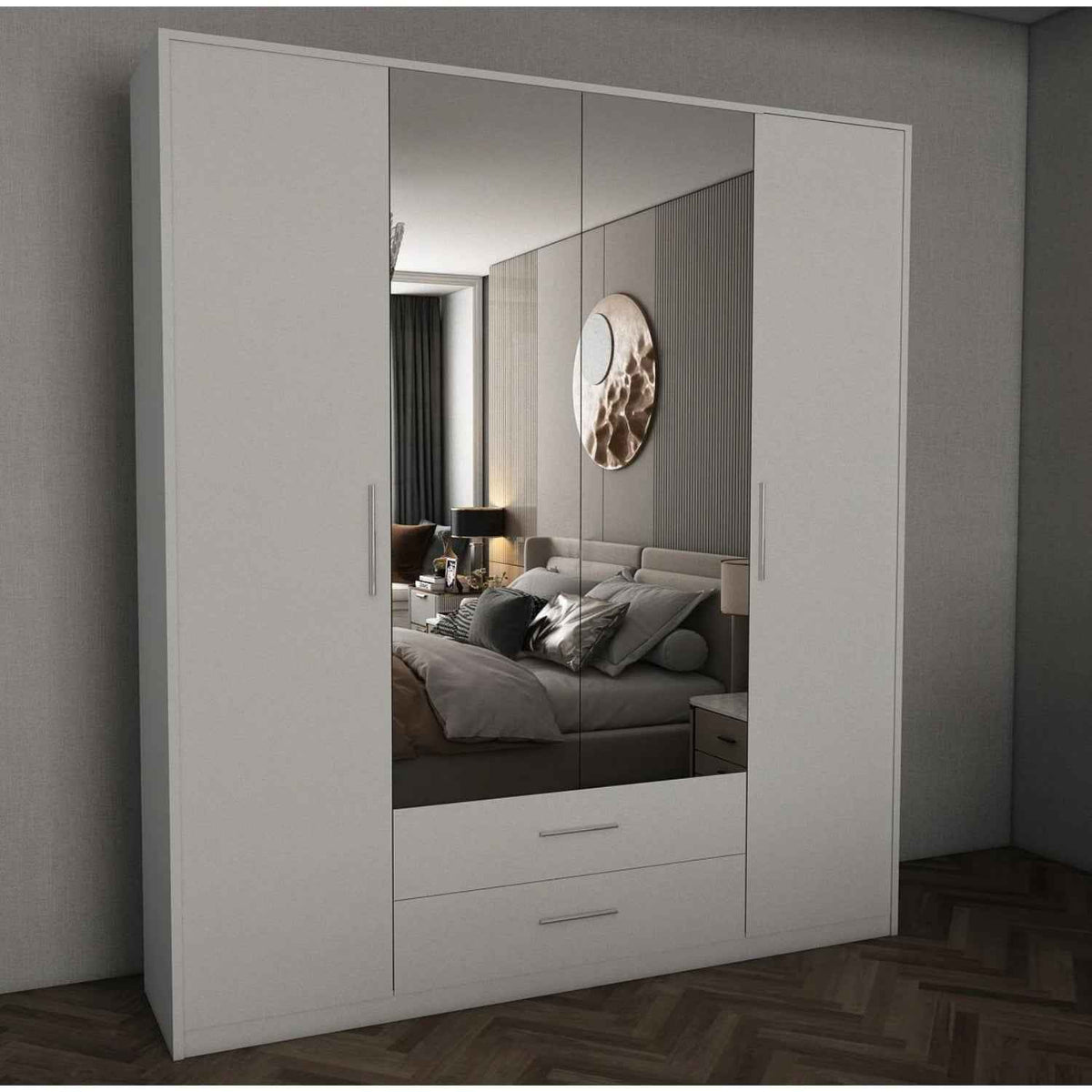 Windsor White 4 Door Wardrobe 180cm with Mirrors and 2 Drawers