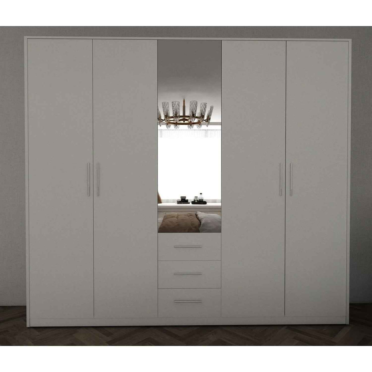 Windsor White 5 Door Wardrobe 200cm with Mirror and 3 Drawers