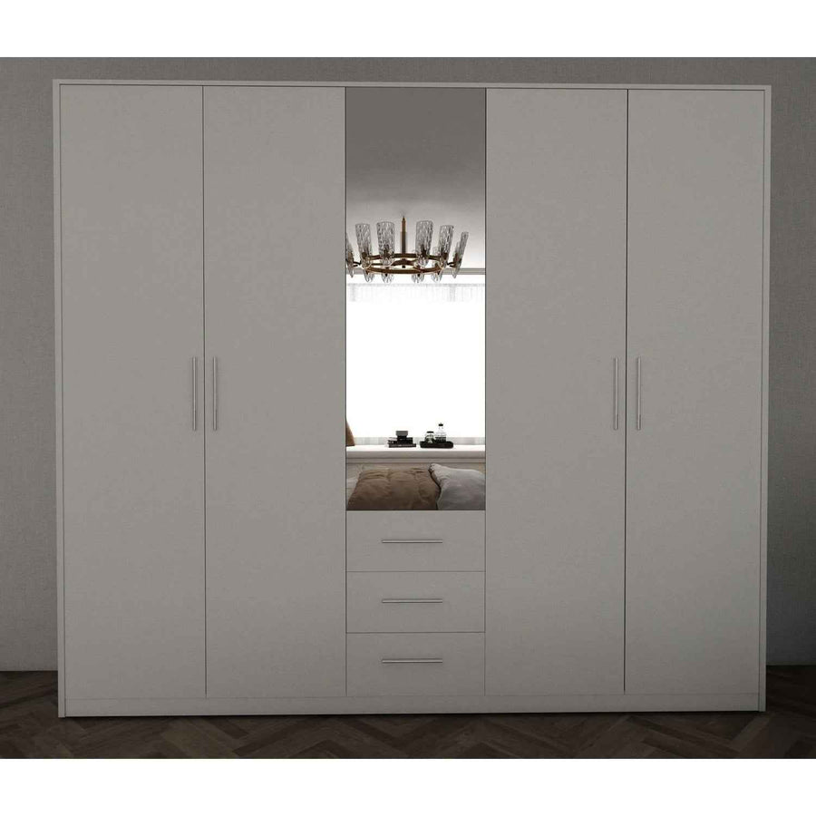 Windsor White 5 Door Wardrobe 200cm with Mirror and 3 Drawers