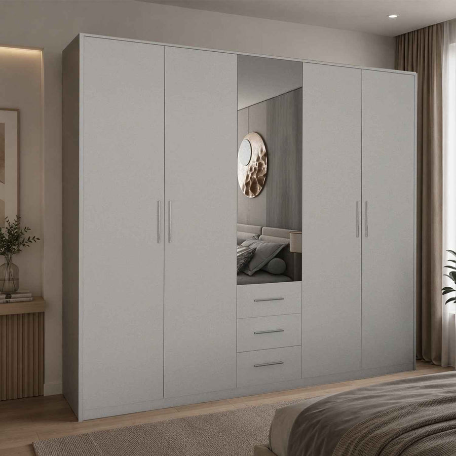 Windsor White 5 Door Wardrobe 200cm with Mirror and 3 Drawers