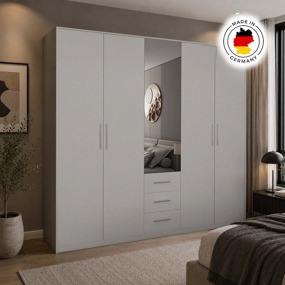 Windsor White 5 Door Wardrobe 200cm with Mirror and 3 Drawers - image 6