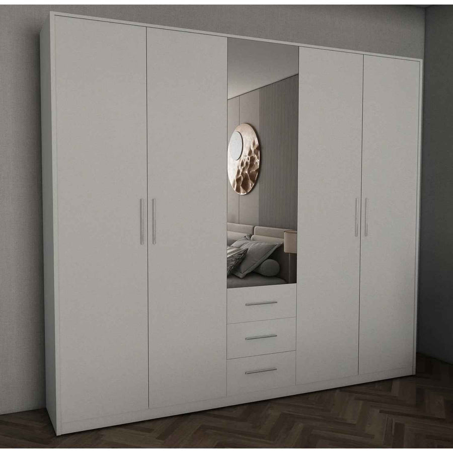 Windsor White 5 Door Wardrobe 200cm with Mirror and 3 Drawers