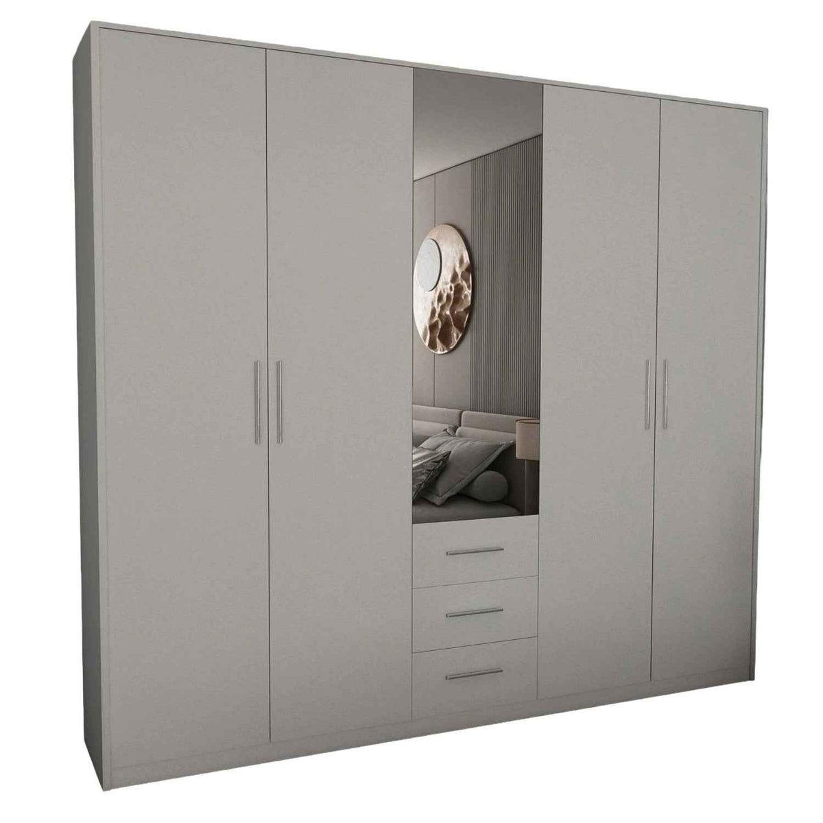 Windsor White 5 Door Wardrobe 200cm with Mirror and 3 Drawers