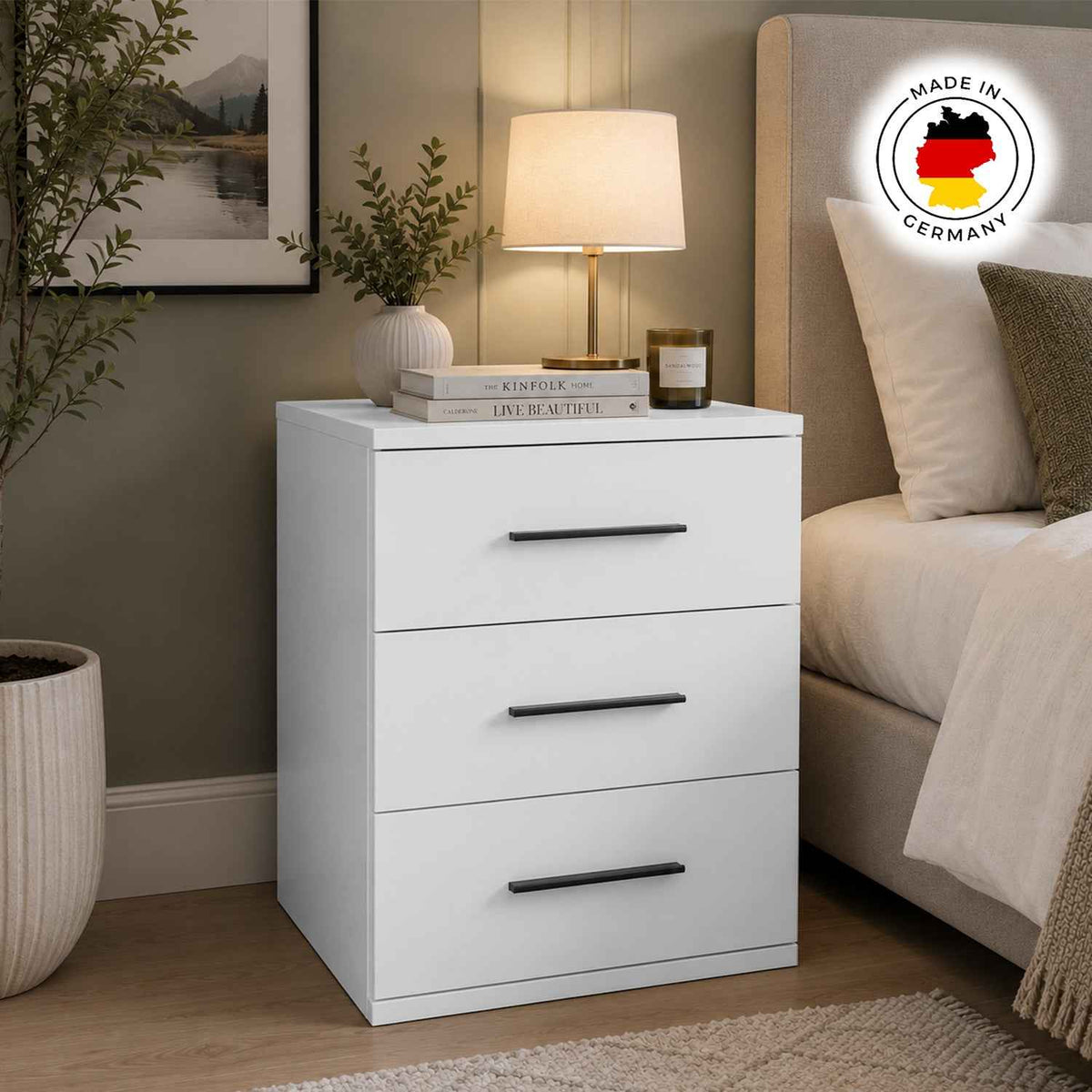 Windsor White 3 Drawer Bedside Cabinet