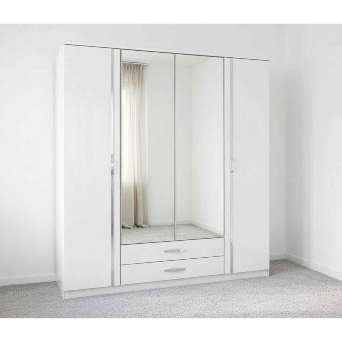 Tetbury 4 Door Mirrored Wardrobe in Gloss White with Drawers