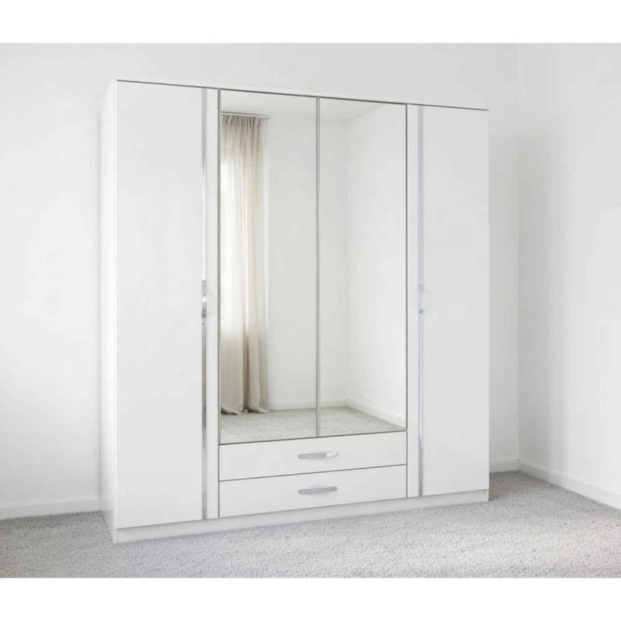 Tetbury 4 Door Mirrored Wardrobe in Gloss White with Drawers