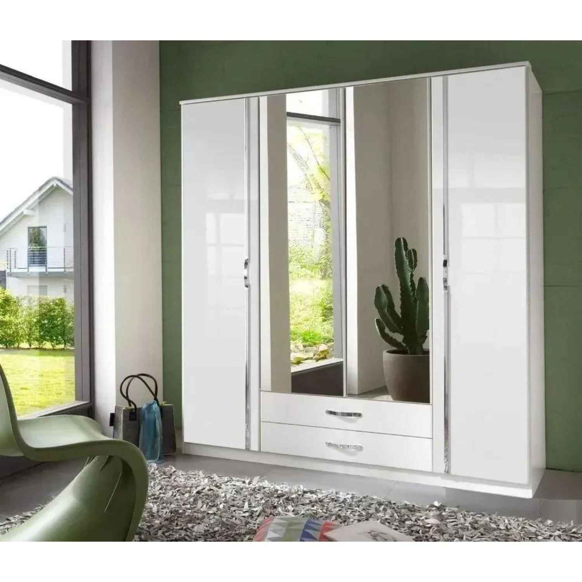 Tetbury 4 Door Mirrored Wardrobe in Gloss White with Drawers