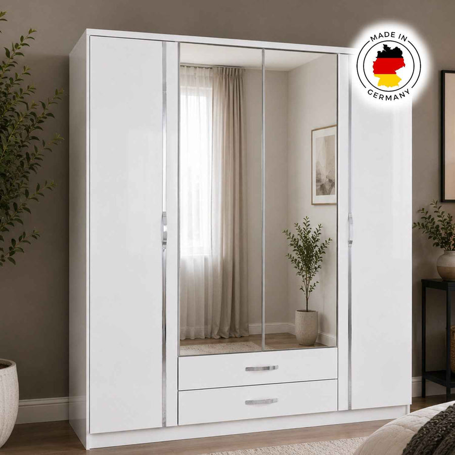 Tetbury 4 Door Mirrored Wardrobe in Gloss White with Drawers