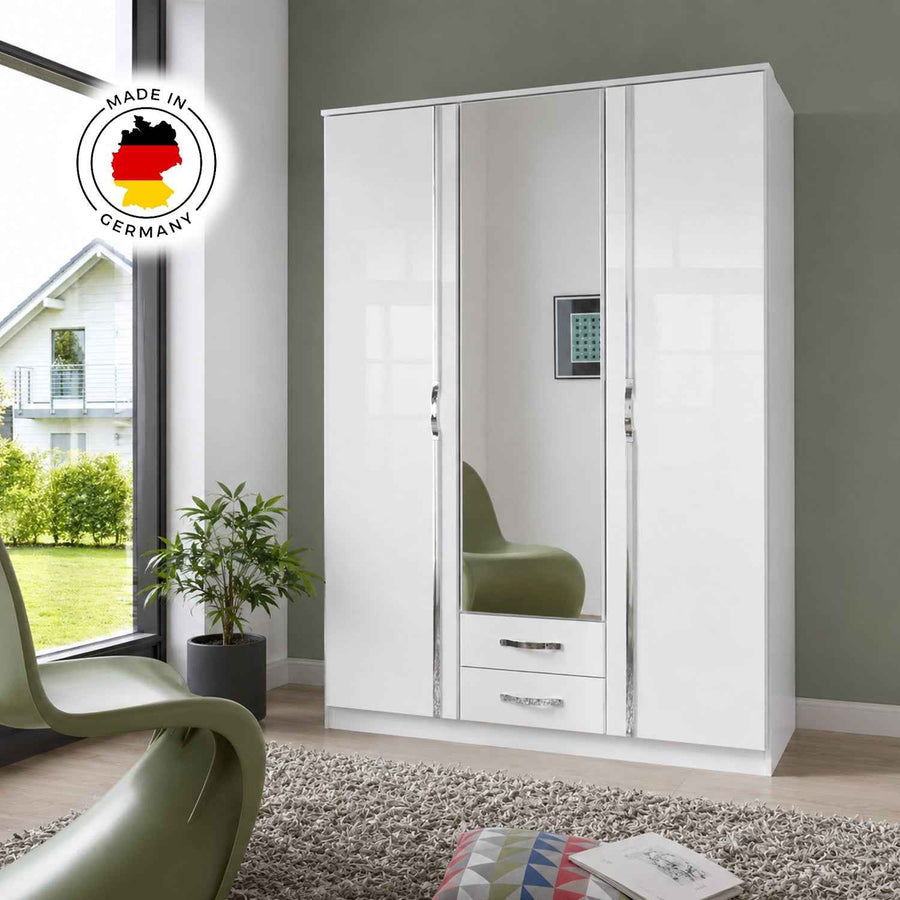 Tetbury 3 Door Mirrored Wardrobe in Gloss White with Drawers
