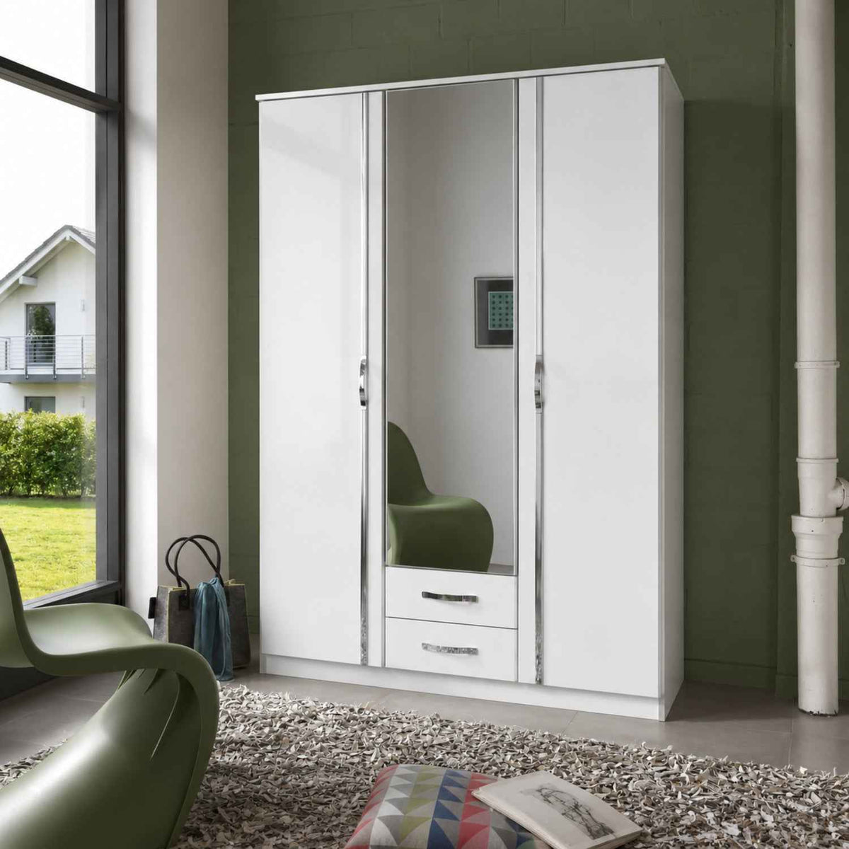 Tetbury 3 Door Mirrored Wardrobe in Gloss White with Drawers