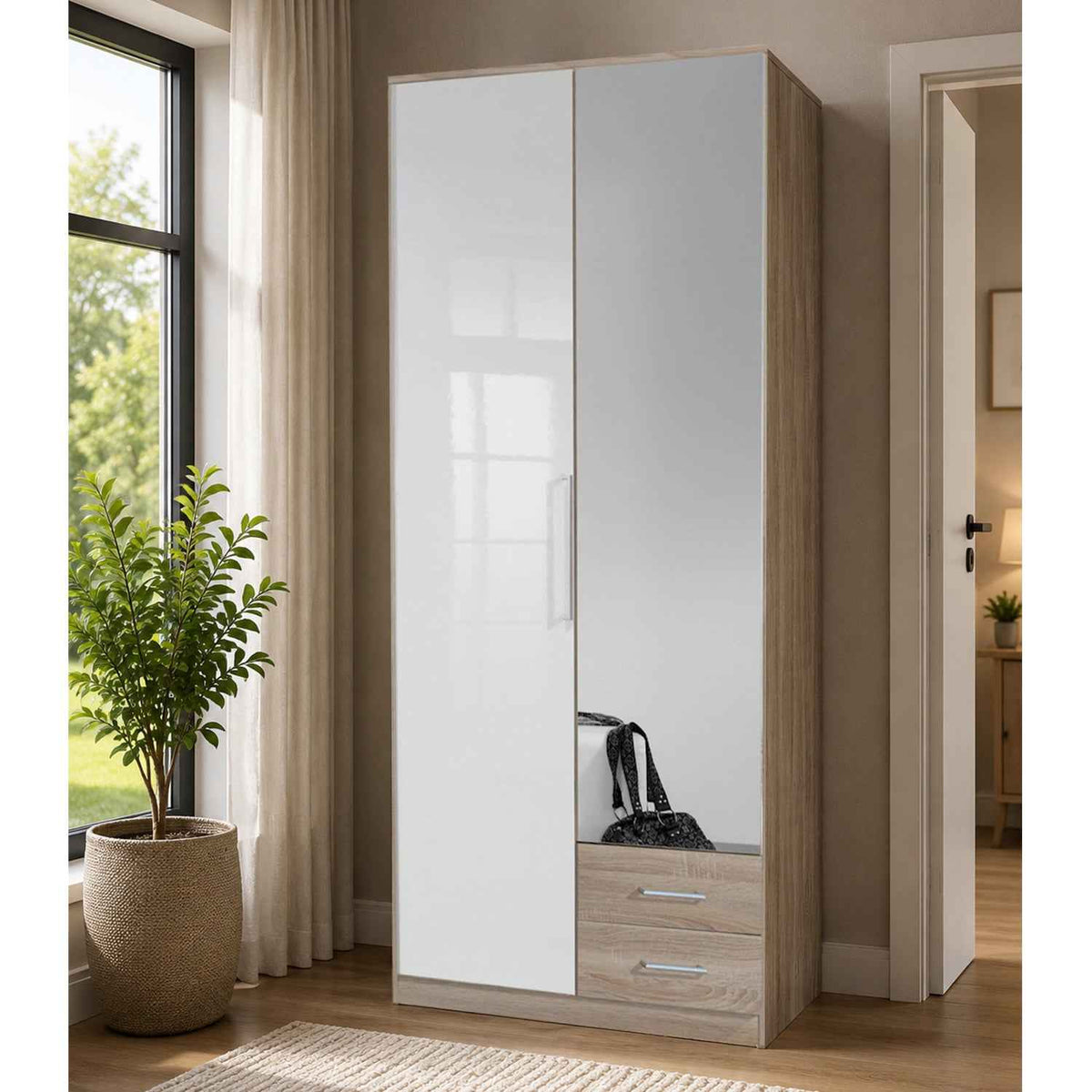 Belgravia 2 Door 2 Drawer Oak and White Gloss Wardrobe
