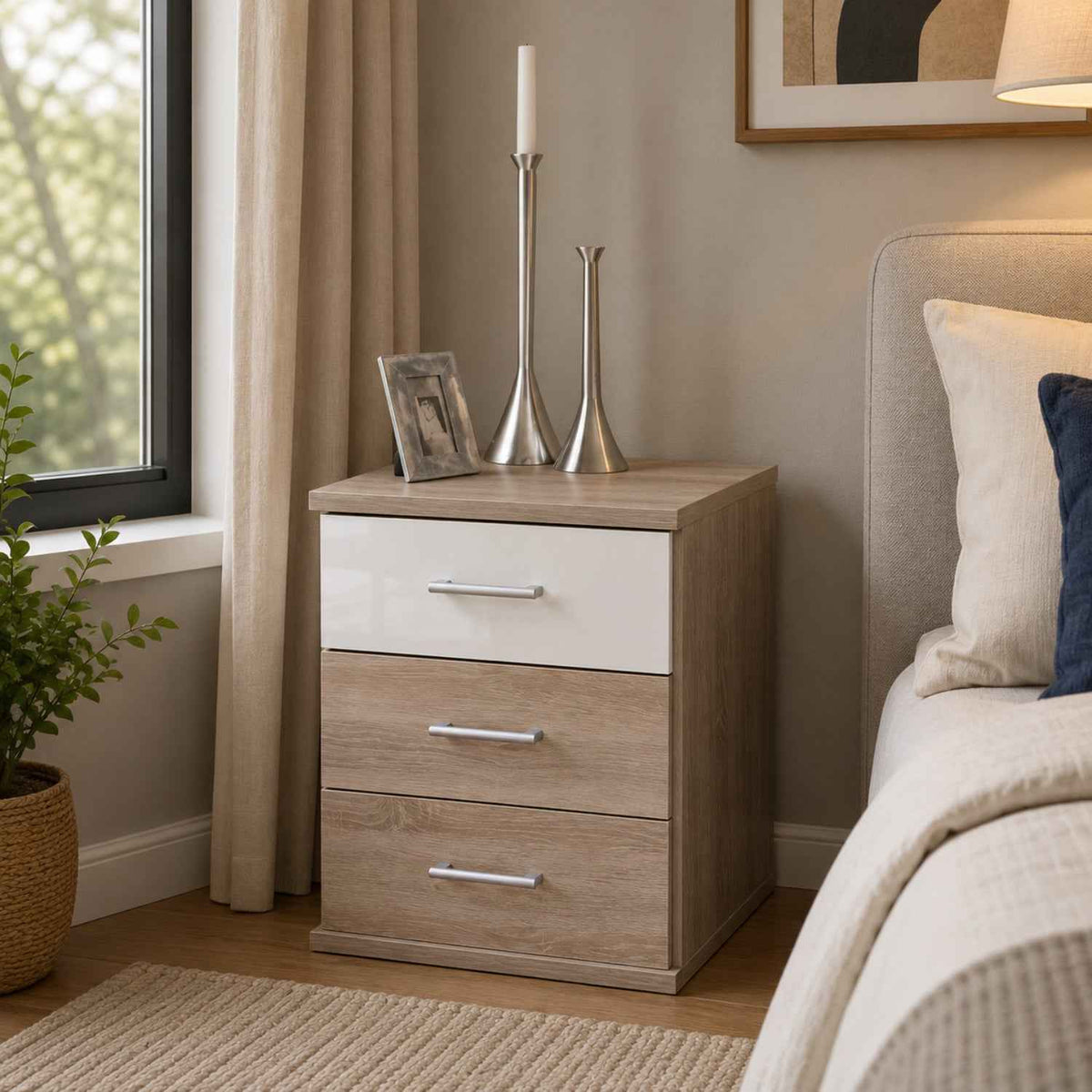 Belgravia 3 Drawer Bedside Cabinet Oak and White Gloss