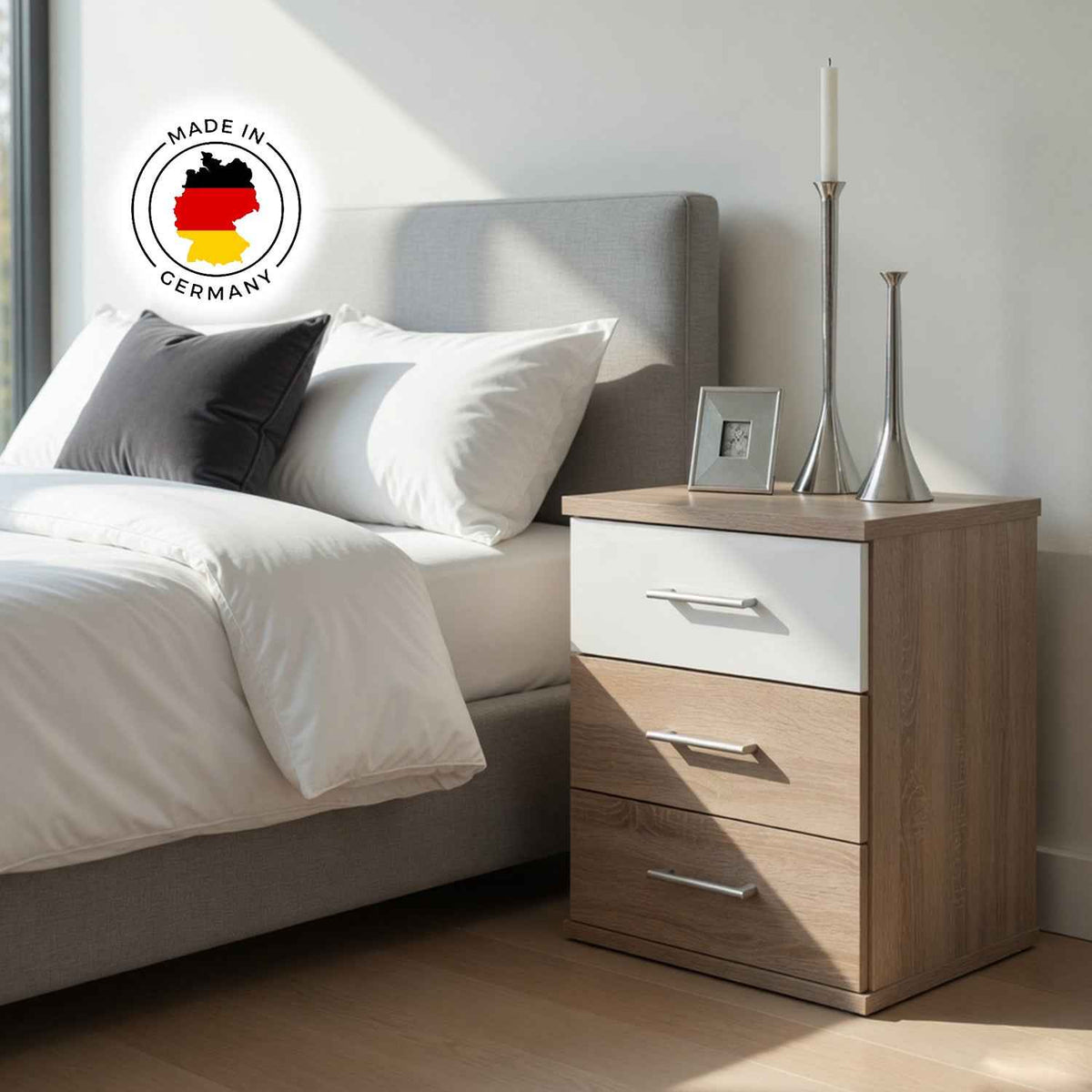 Belgravia 3 Drawer Bedside Cabinet Oak and White Gloss