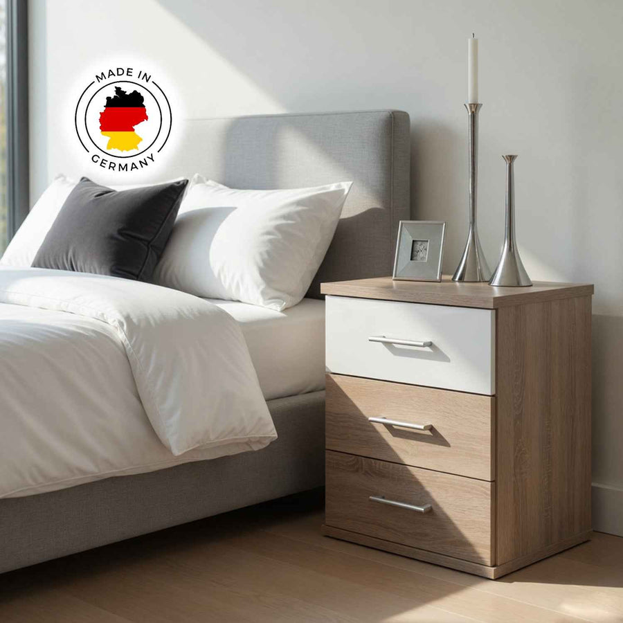 Belgravia 3 Drawer Bedside Cabinet Oak and White Gloss