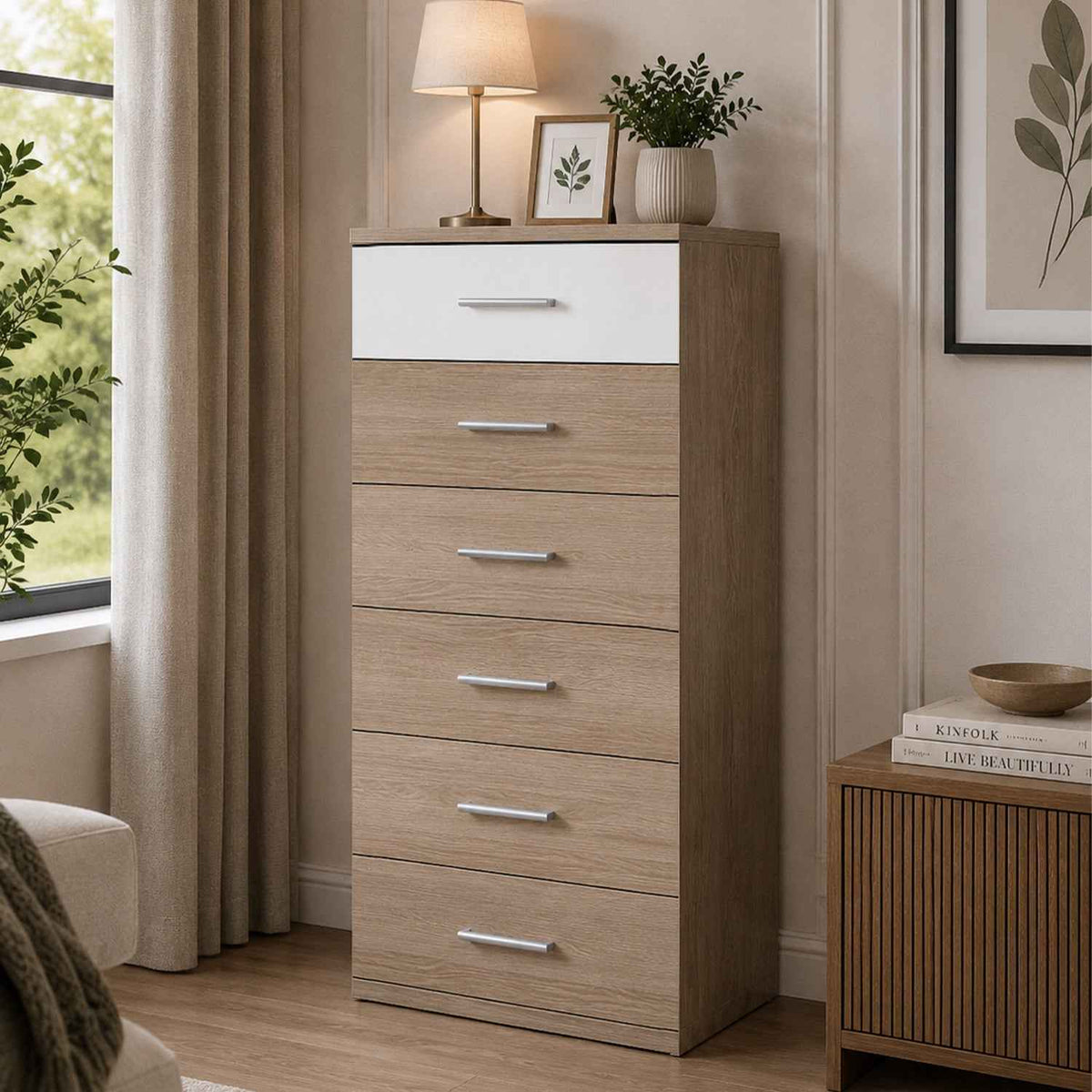 Belgravia Slim Chest of Drawers Oak and White Gloss