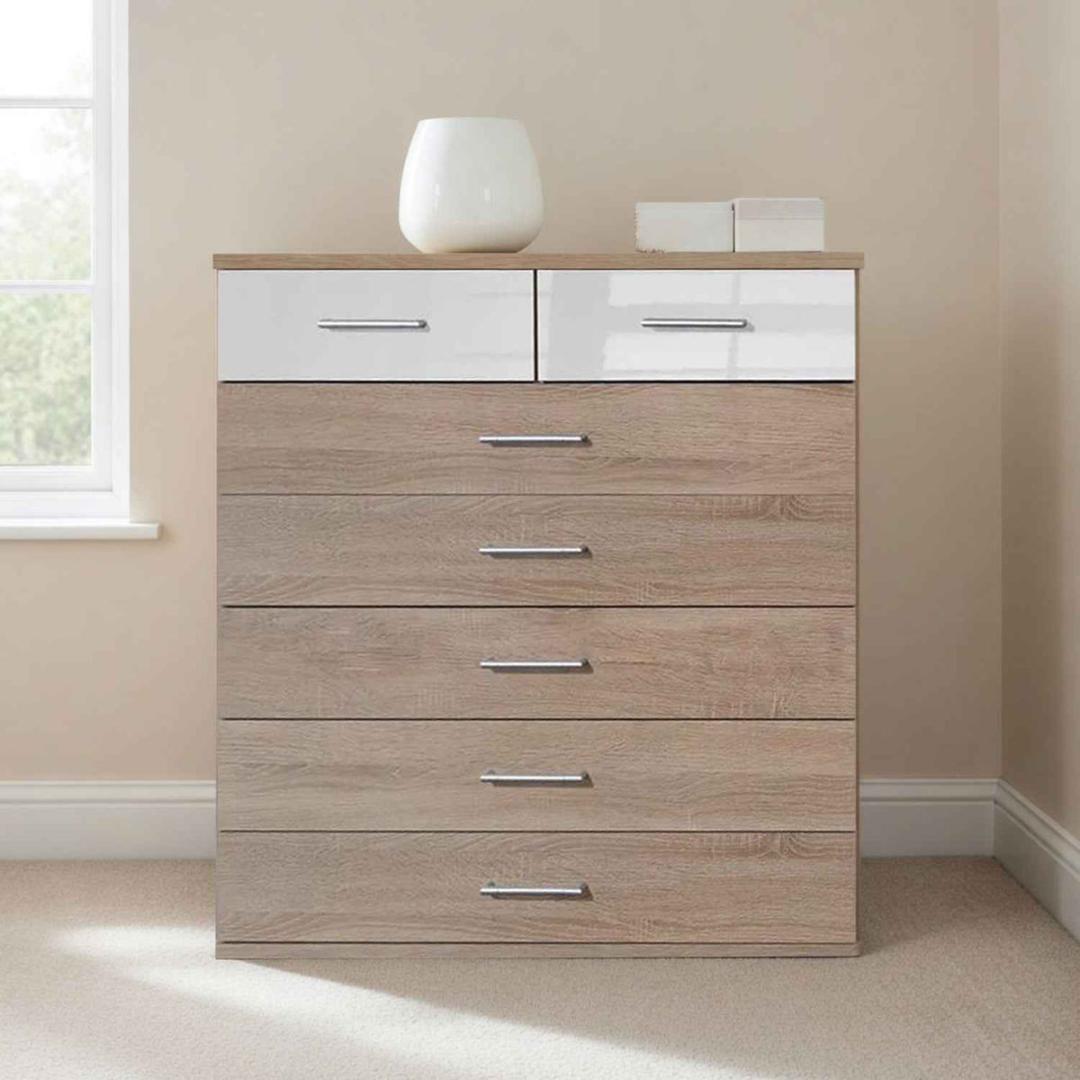 Belgravia 5+2 Chest of Drawers Oak and White Gloss