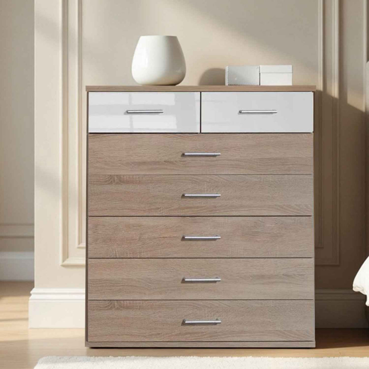 Belgravia 5+2 Chest of Drawers Oak and White Gloss