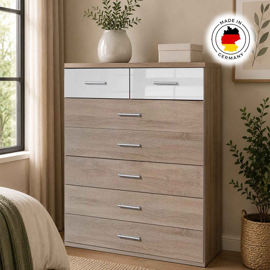 Belgravia 5+2 Chest of Drawers Oak and White Gloss
