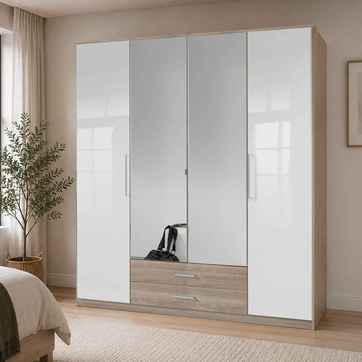 Belgravia 4 Door White Gloss and Oak Wardrobe