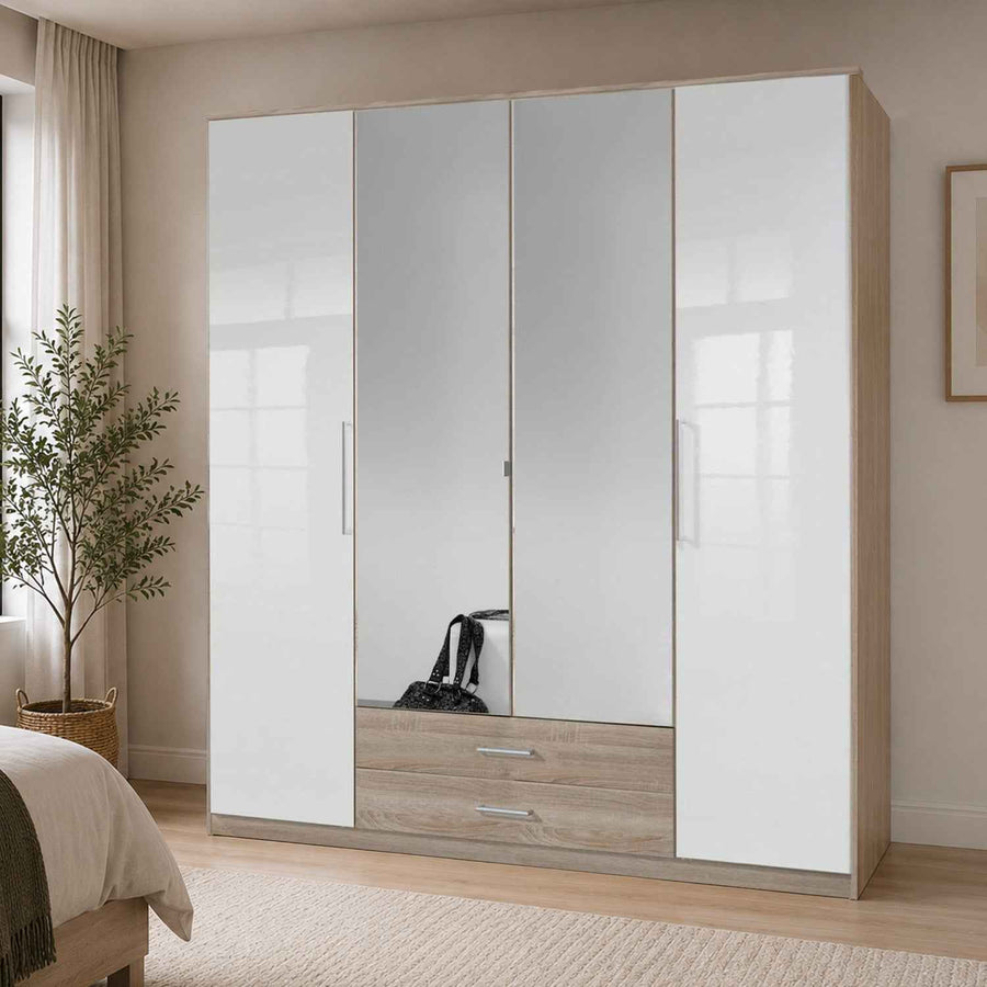 Belgravia 4 Door White Gloss and Oak Wardrobe