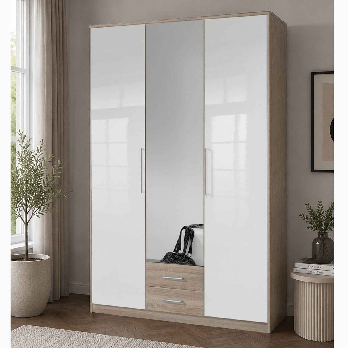 Belgravia 3 Door Oak and White Gloss Wardrobe