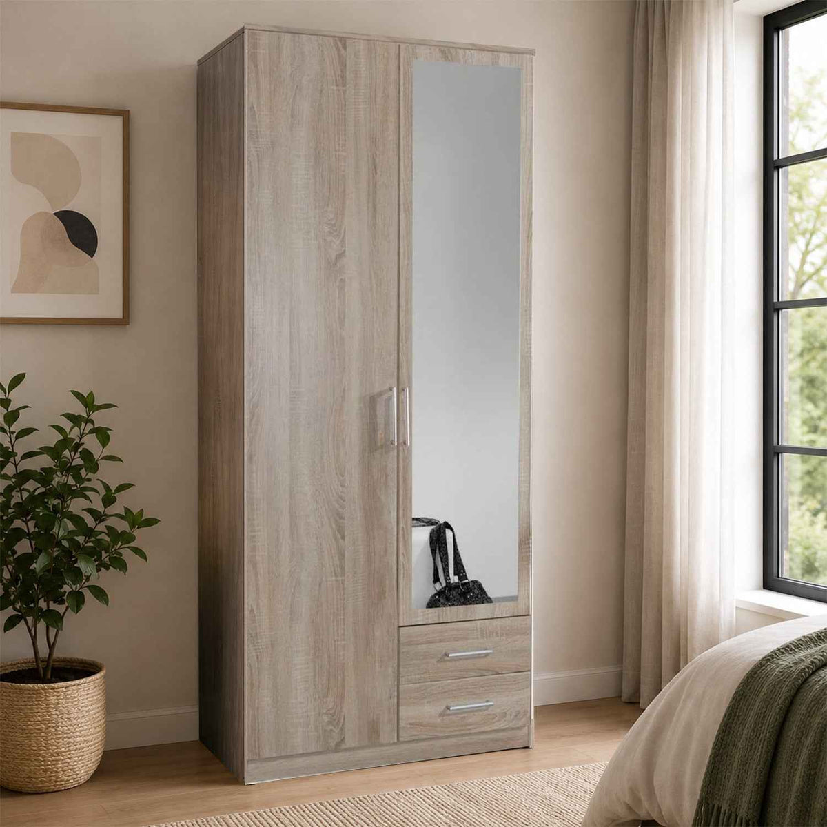 Oxford 2 Door 2 Drawer Mirrored Oak Wardrobe