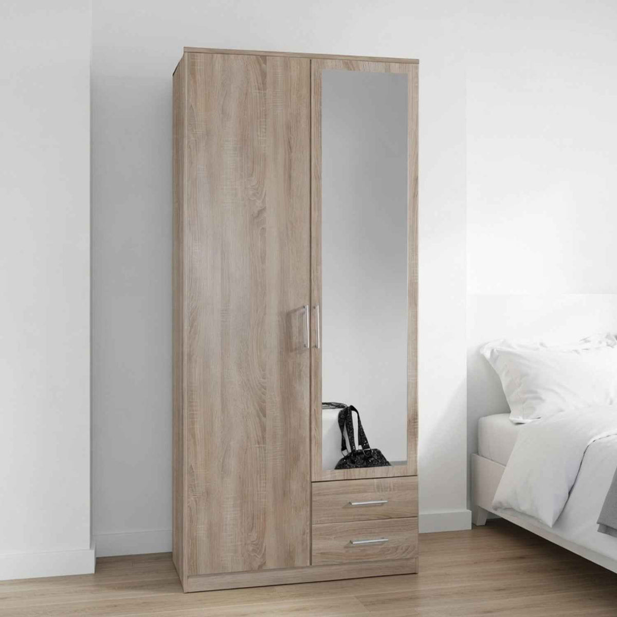 Oxford 2 Door 2 Drawer Mirrored Oak Wardrobe