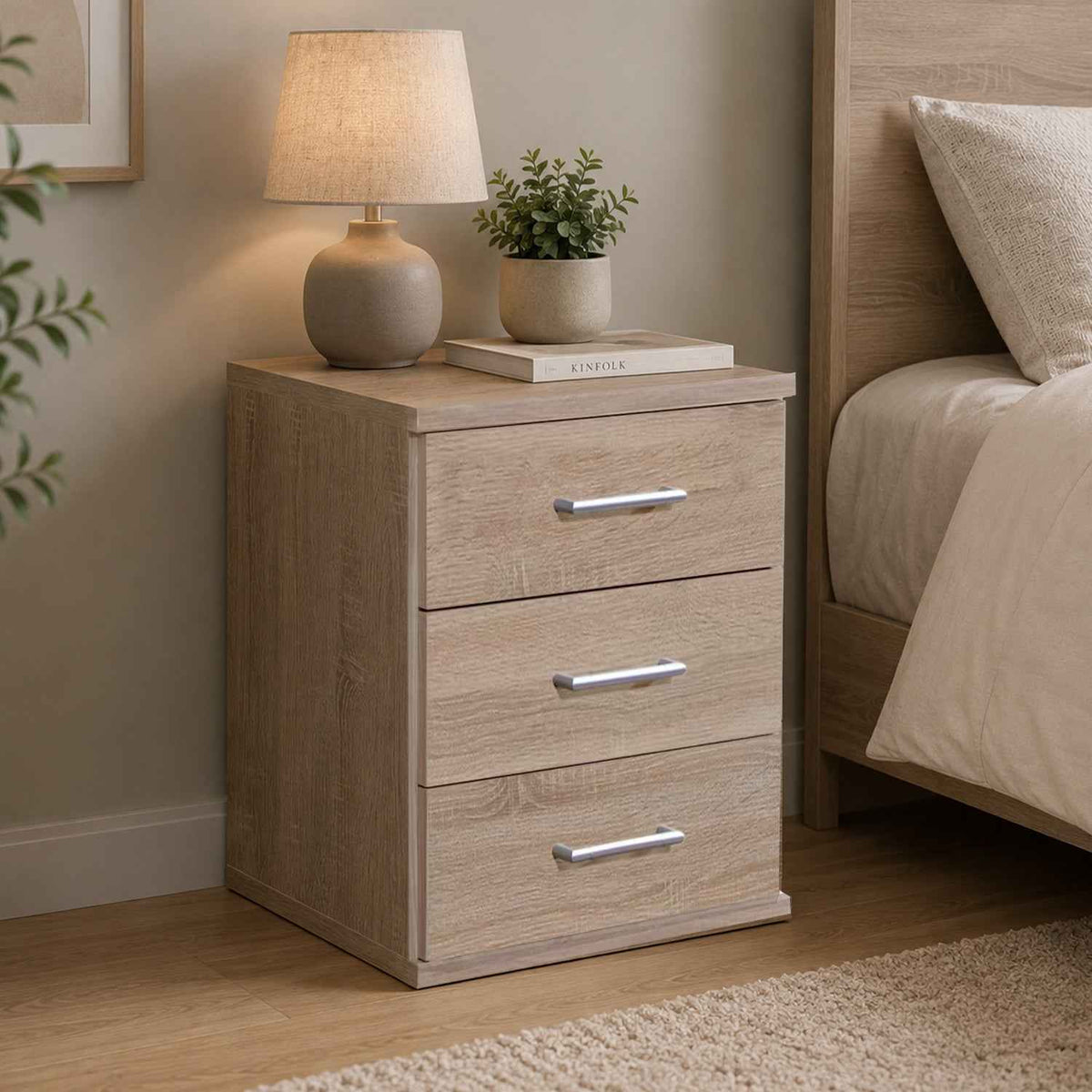 Oxford 3 Drawer Bedside Chest Oak – 40cm Depth