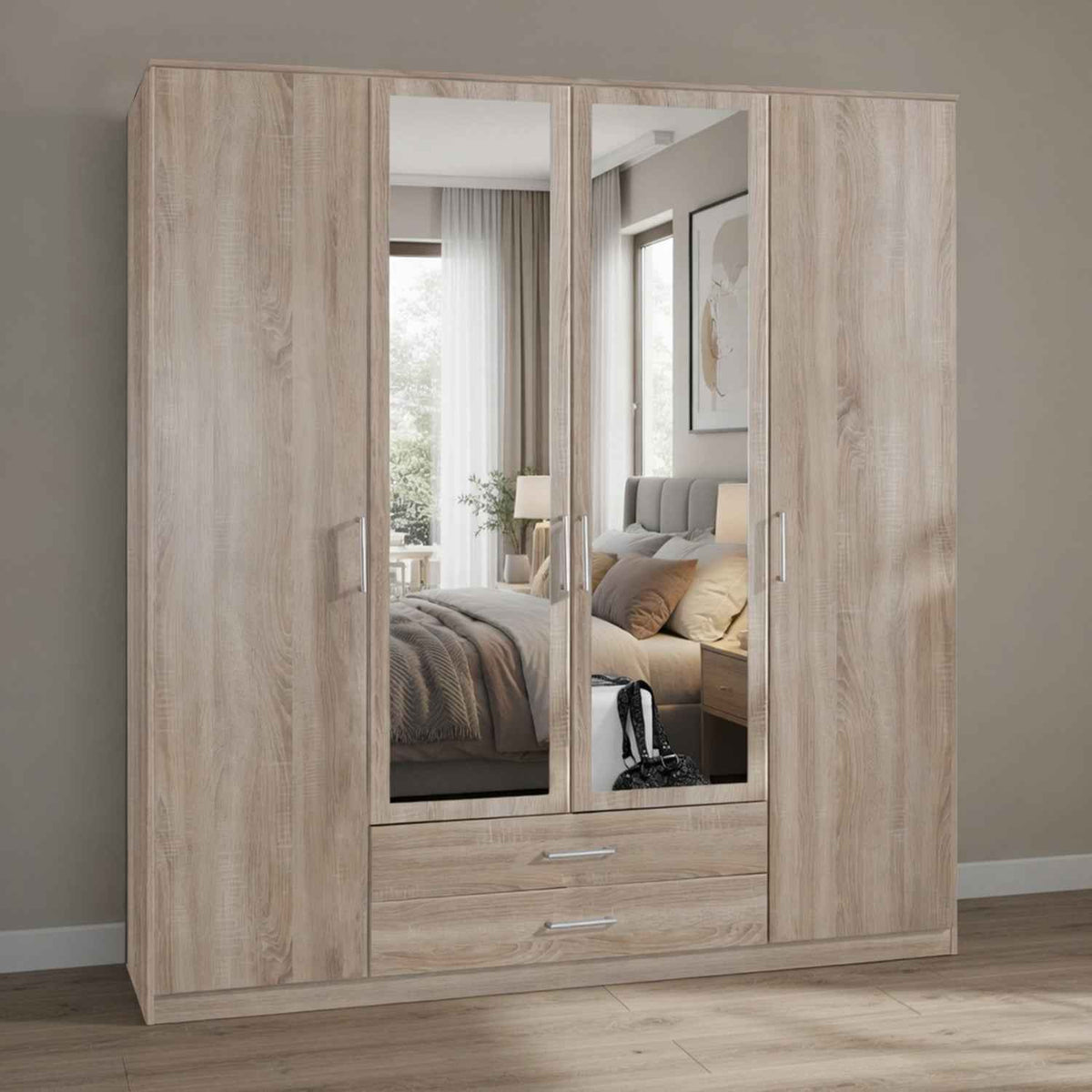 Oxford 4 Door 2 Drawer 2 Mirror Oak Wardrobe