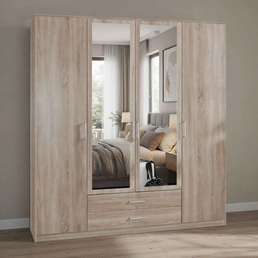 Oxford 4 Door 2 Drawer 2 Mirror Oak Wardrobe