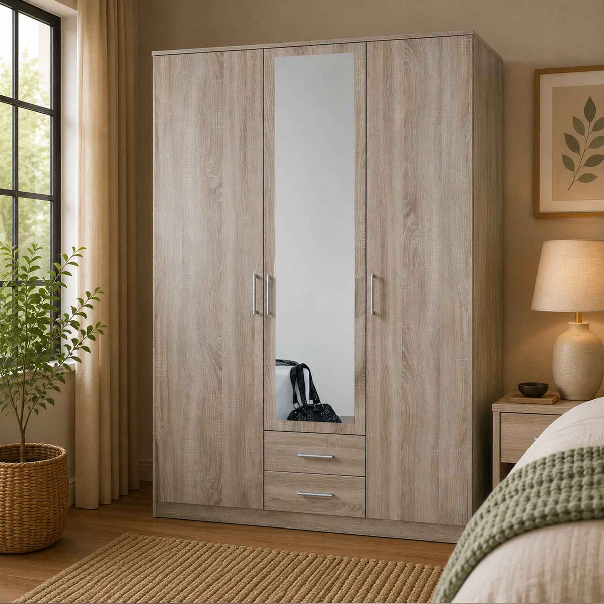 Oxford 3 Door 2 Drawer Mirrored Oak Wardrobe
