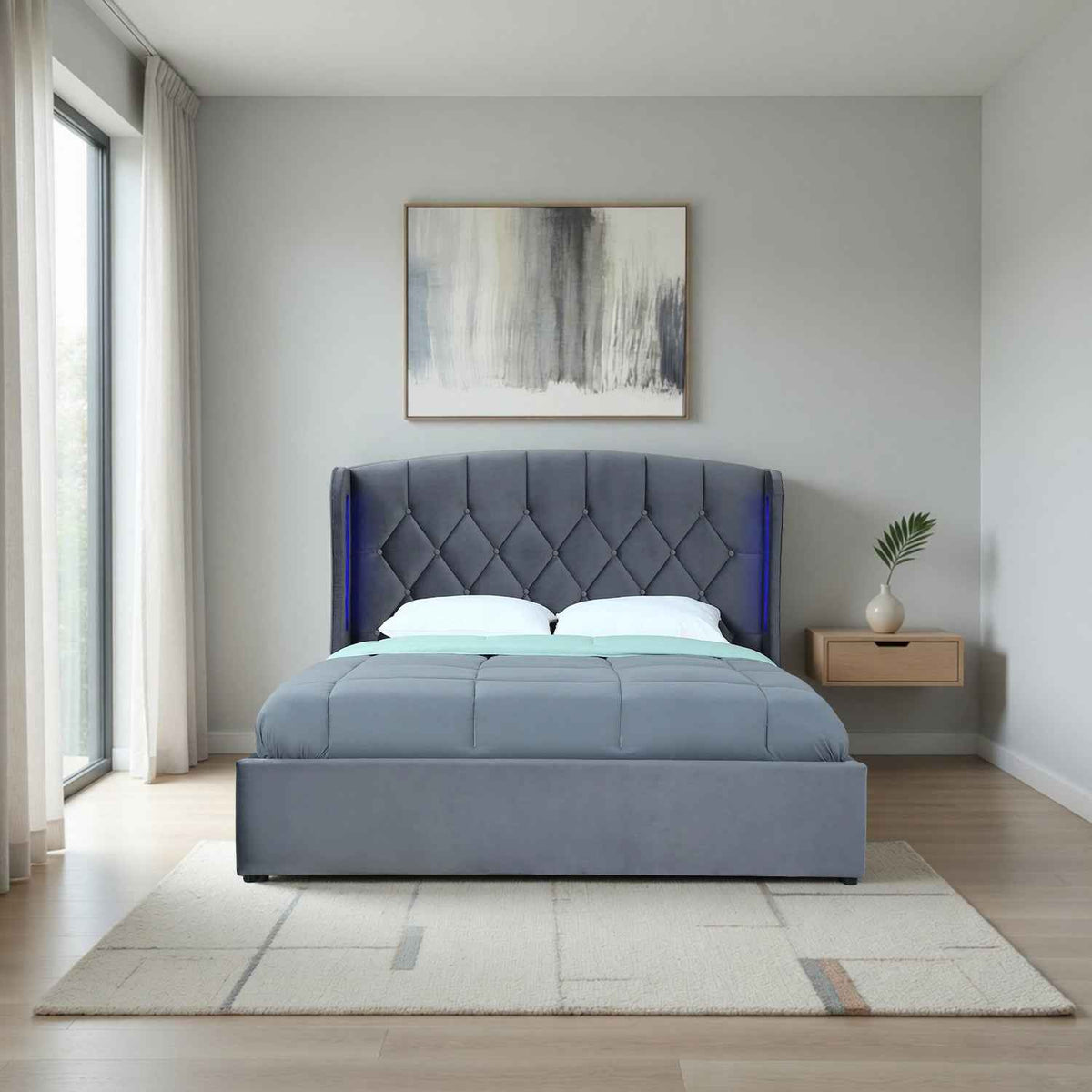Balmoral King Size Ottoman Bed Frame in Grey Velvet with LED Lighting