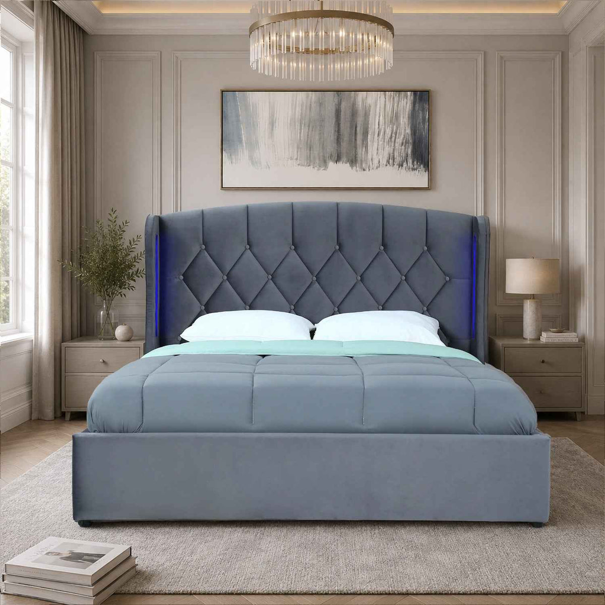 Balmoral King Size Ottoman Bed Frame in Grey Velvet with LED Lighting