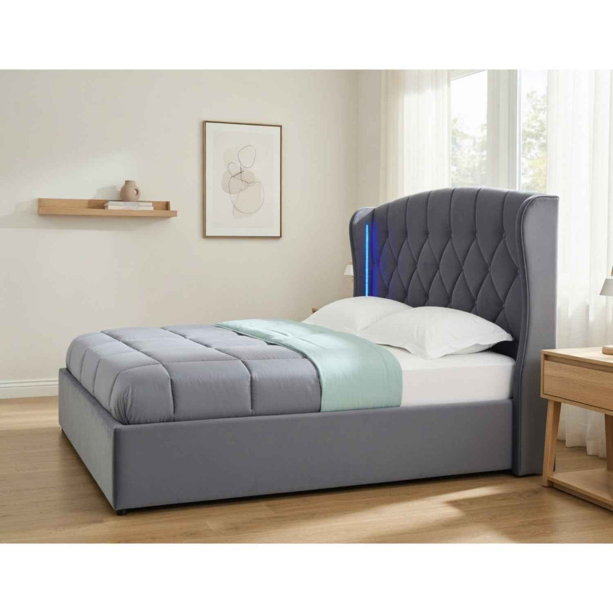 Balmoral King Size Ottoman Bed Frame in Grey Velvet with LED Lighting