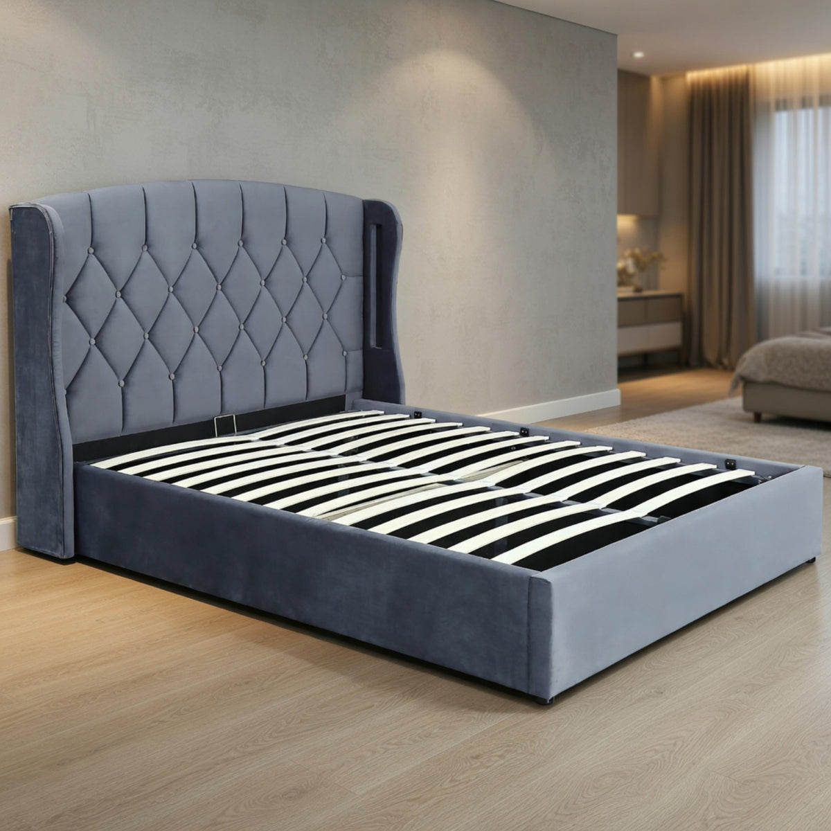 Balmoral Double Ottoman Bed Frame in Grey Velvet with LED Lighting - image 12