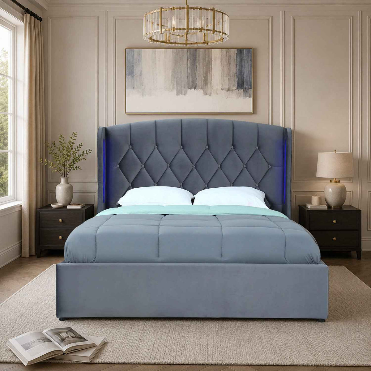 Balmoral Double Ottoman Bed Frame in Grey Velvet with LED Lighting