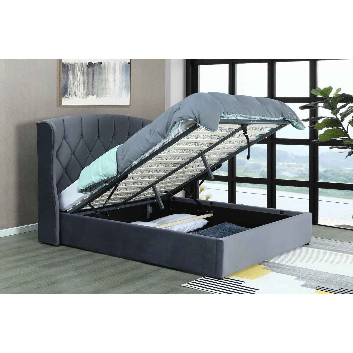 Balmoral Double Ottoman Bed Frame in Grey Velvet with LED Lighting