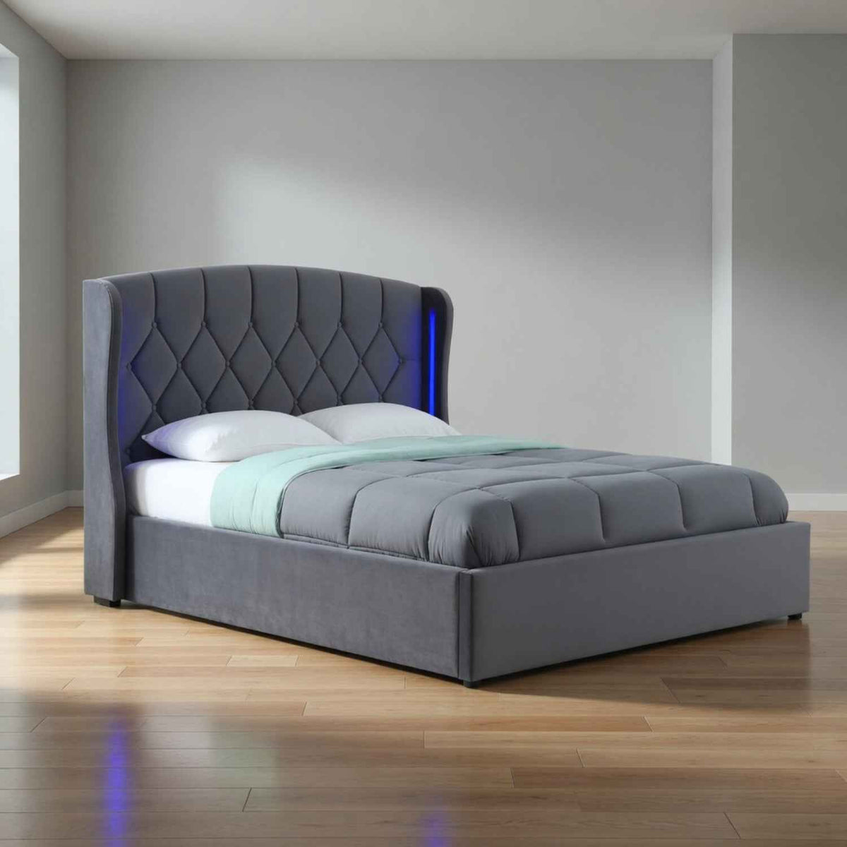 Balmoral Double Ottoman Bed Frame in Grey Velvet with LED Lighting