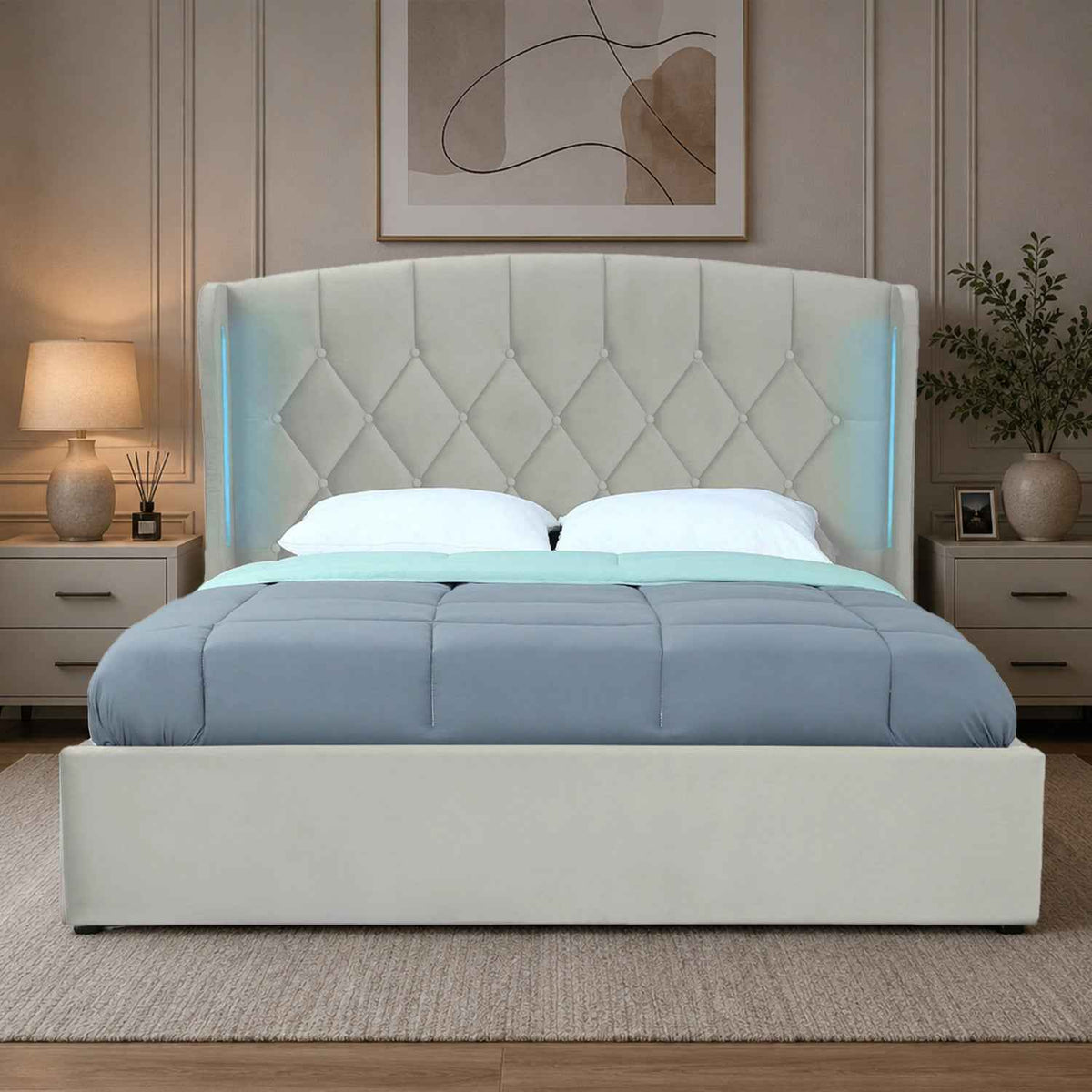 Balmoral Double Ottoman Bed Frame in Silver with LED Headboard Lighting