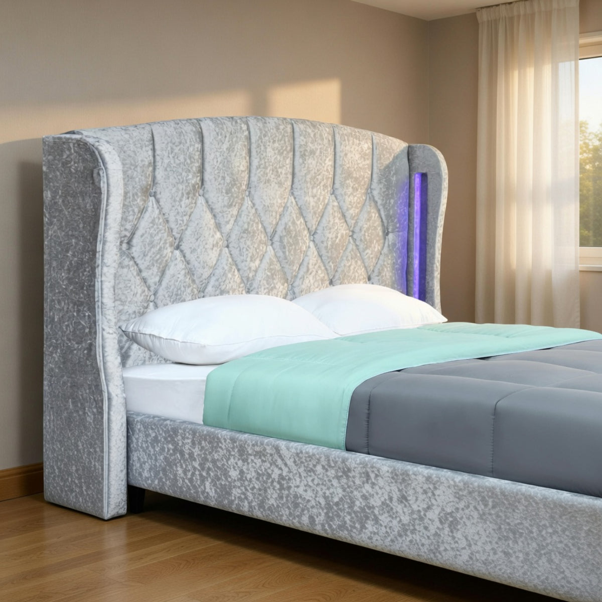 Balmoral King Size Ottoman Bed Frame in Crush Silver Velvet with LED Lighting - image 8