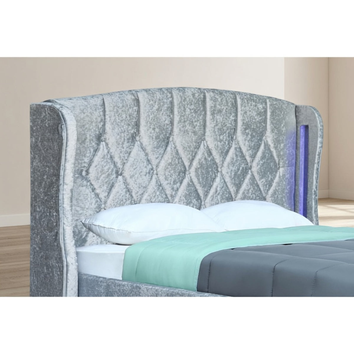 Balmoral King Size Ottoman Bed Frame in Crush Silver Velvet with LED Lighting - image 9