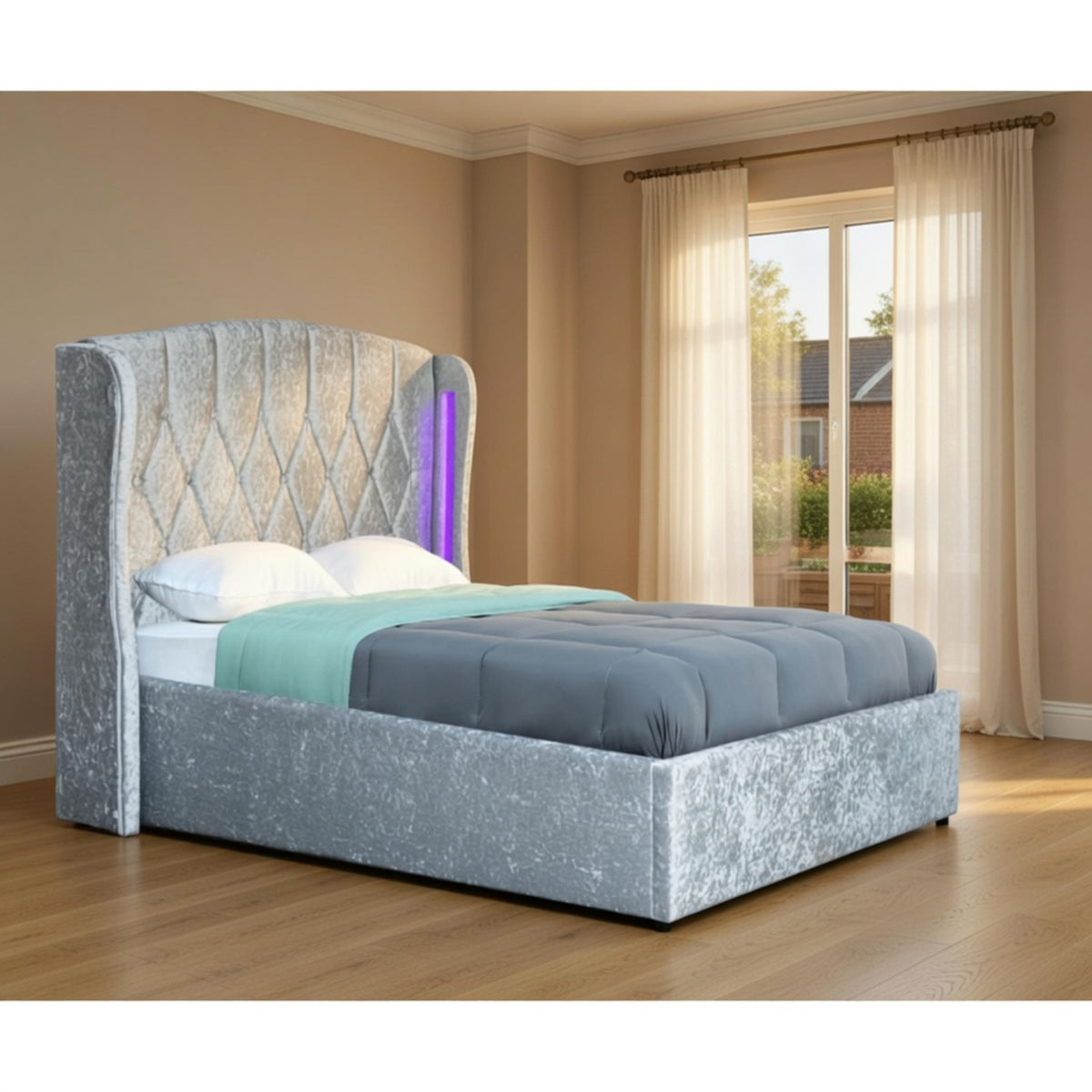 Balmoral King Size Ottoman Bed Frame in Crush Silver Velvet with LED Lighting - image 11