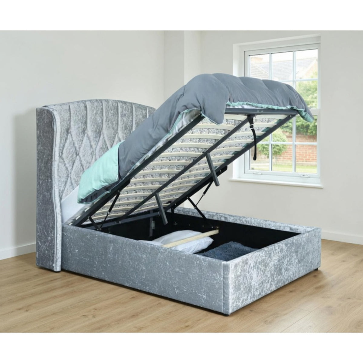 Balmoral King Size Ottoman Bed Frame in Crush Silver Velvet with LED Lighting - image 12