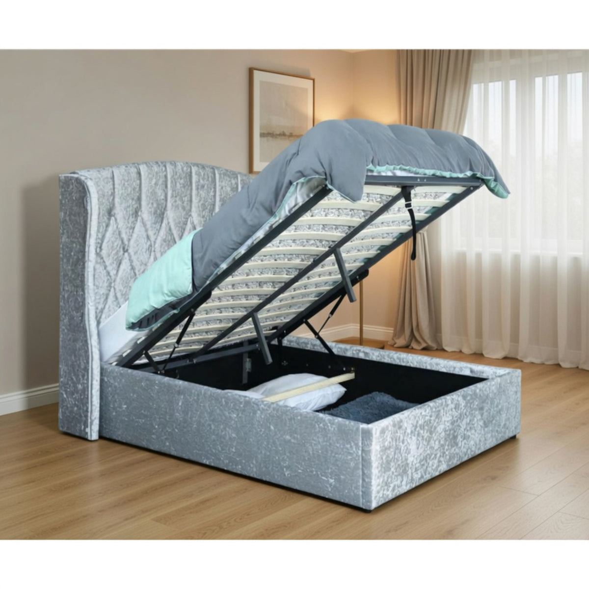 Balmoral King Size Ottoman Bed Frame in Crush Silver Velvet with LED Lighting - image 14