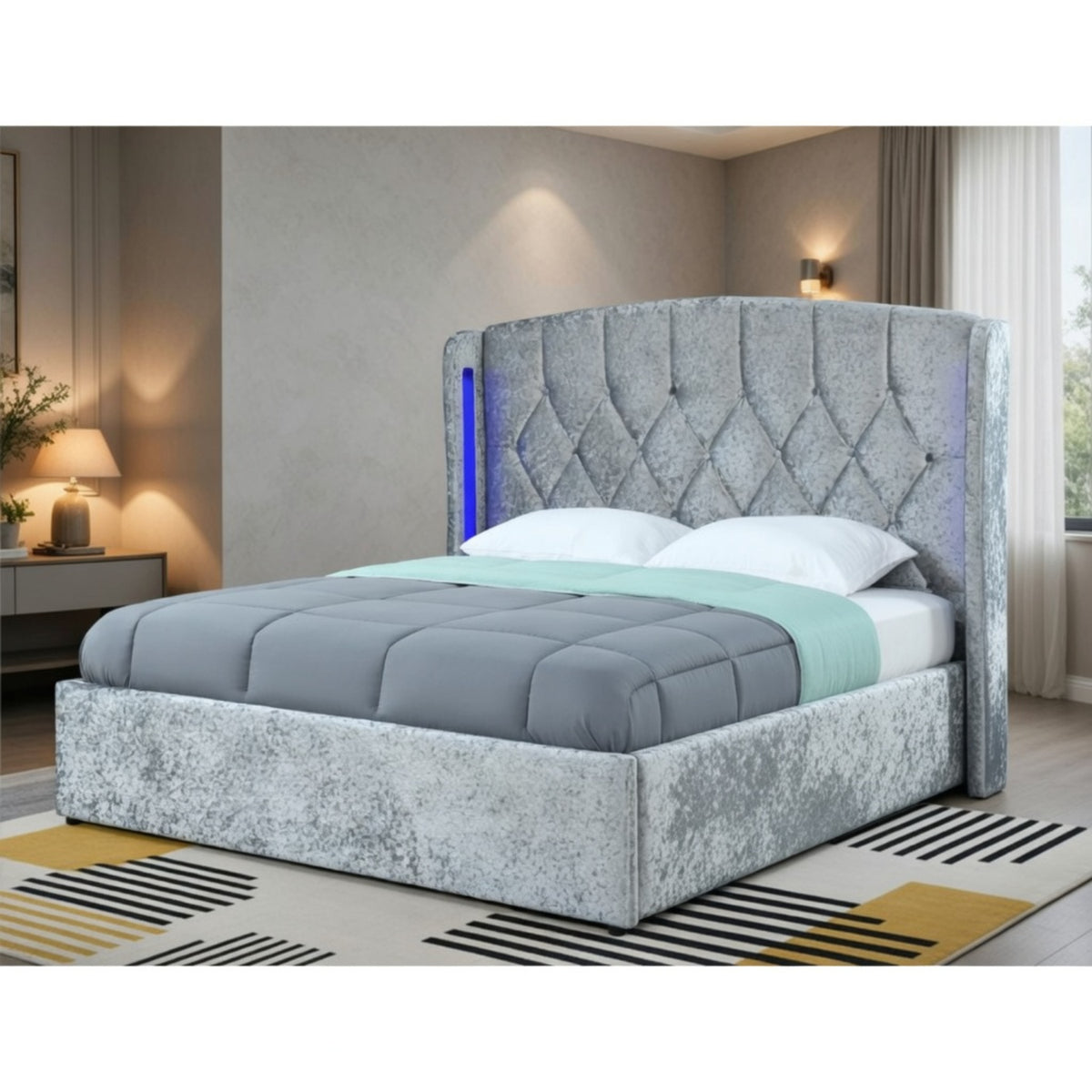 Balmoral King Size Ottoman Bed Frame in Crush Silver Velvet with LED Lighting - image 15